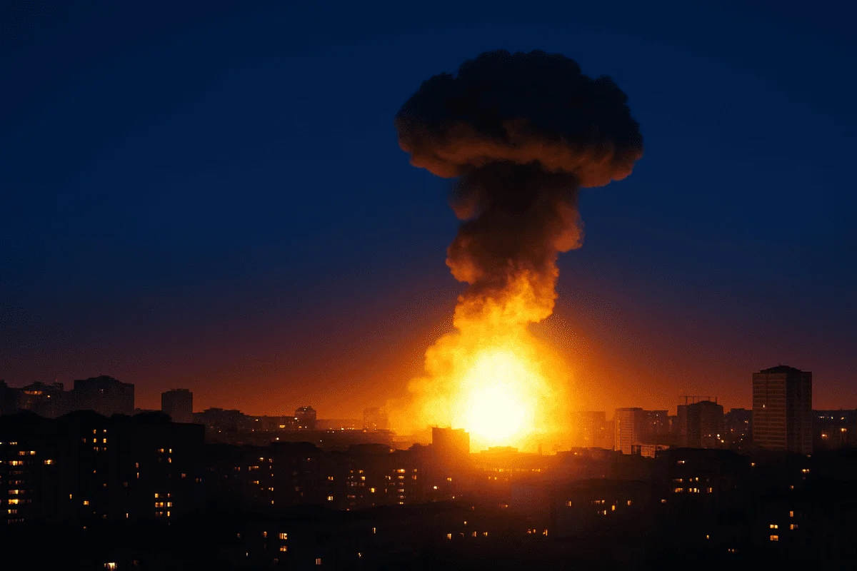 Explosión masiva en una ciudad al anochecer, con una nube en forma de hongo elevándose sobre los edificios