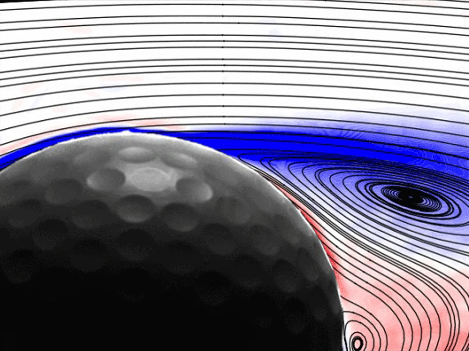 Visualización de flujo de aire sobre una esfera con hoyuelos, mostrando líneas de corriente y zonas de baja presión.