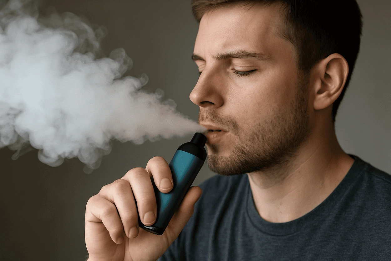 Joven exhalando vapor de un cigarrillo electrónico