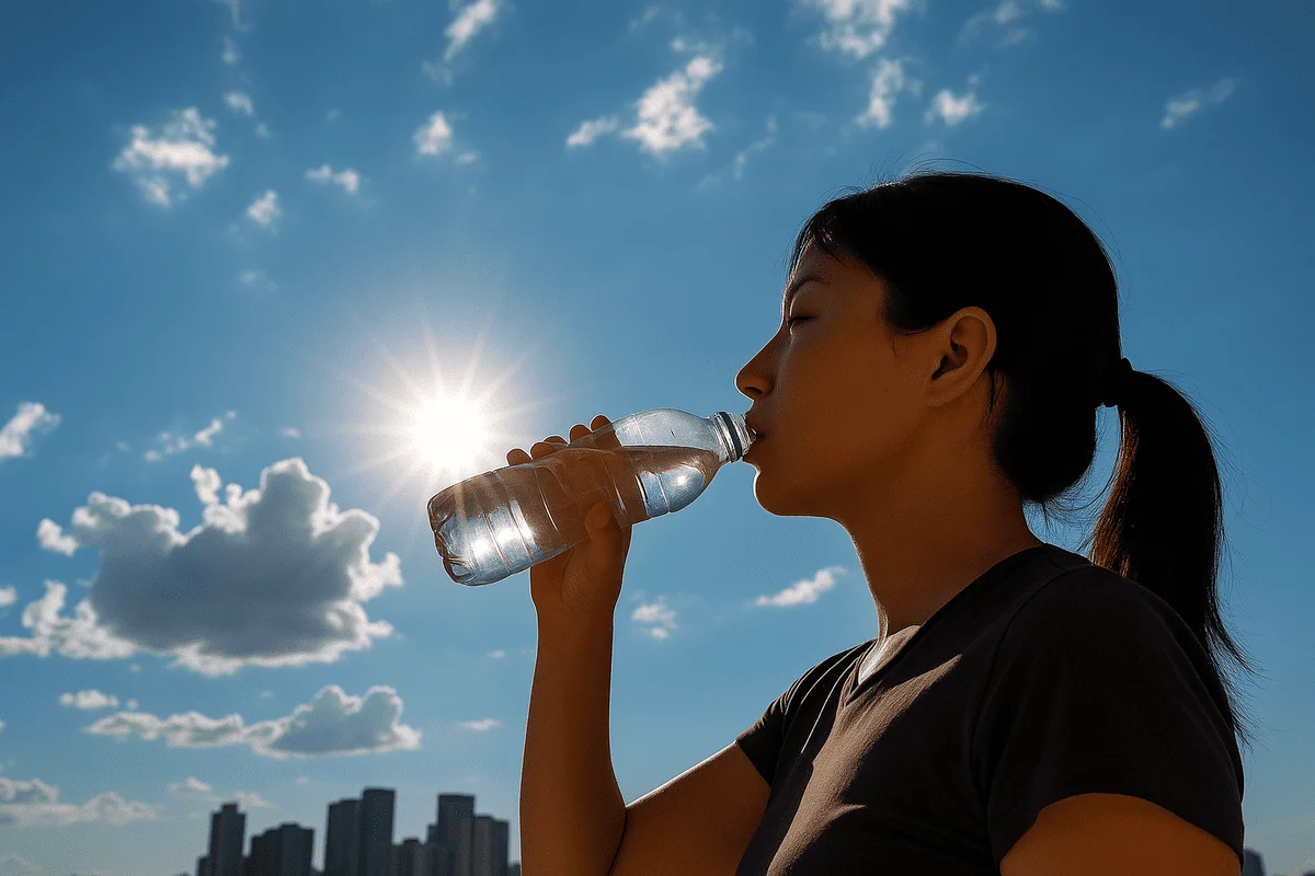 Mujer china de perfil bebe agua bajo el sol intenso de un día caluroso