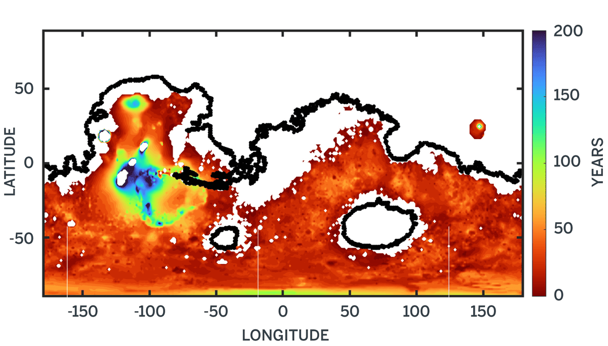 Mapa de tasas de percolación del agua en Marte hace miles de millones de años, mostrando el tiempo que tarda en llegar al nivel freático