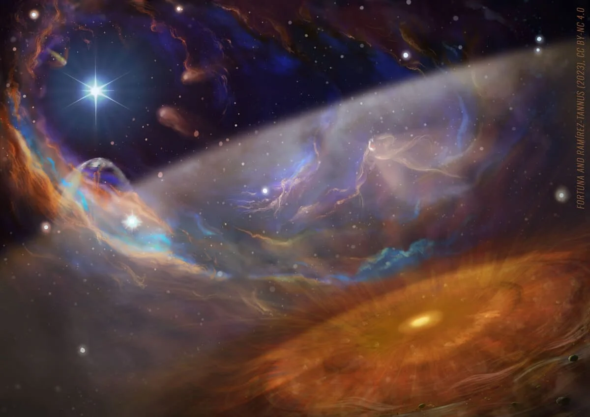 Ilustración artística de la nebulosa NGC 6357 con disco protoplanetario XUE1 bajo intensa radiación ultravioleta