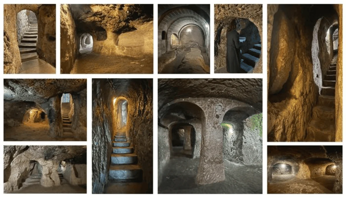 Vista de los túneles subterráneos de Derinkuyu, con cámaras excavadas en la roca y escaleras.