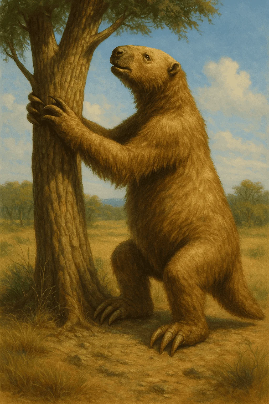 Perezoso gigante prehistórico erguido sobre sus patas traseras, apoyado en un árbol.