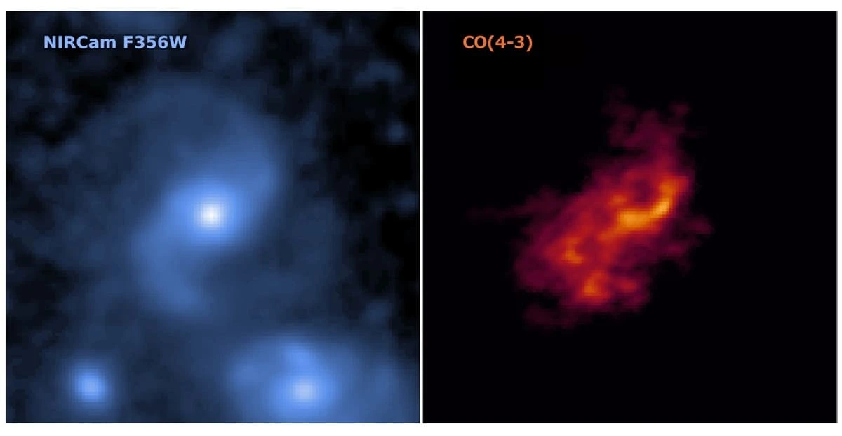 Comparativa: J0107a vista por el telescopio Webb en infrarrojo (izquierda) y distribución de gas con ALMA (derecha)