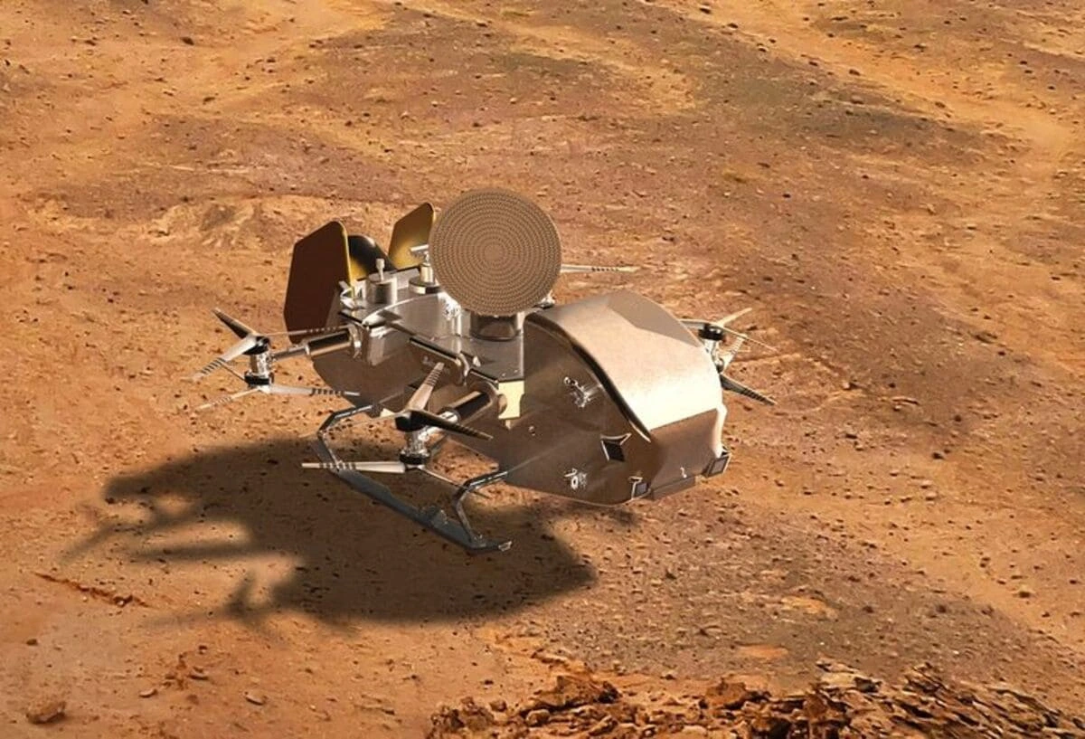 Ilustración artística de Dragonfly, el dron de la NASA, sobre la superficie de Titán.