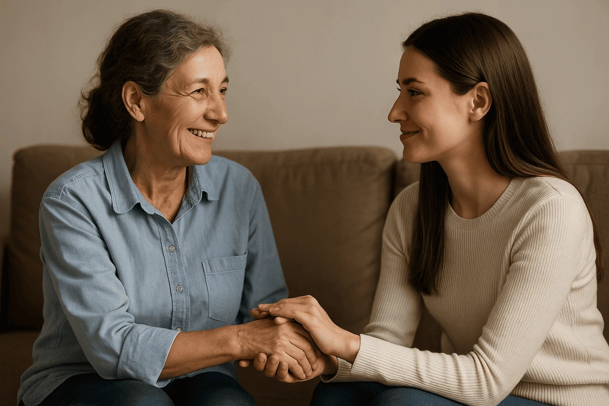 Dos mujeres de diferentes generaciones conversan y se sonríen