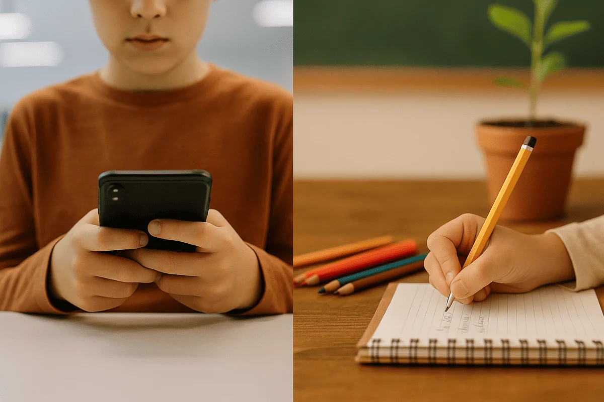 Un estudiante usa un móvil mientras otro escribe en un cuaderno con lápices y materiales naturales