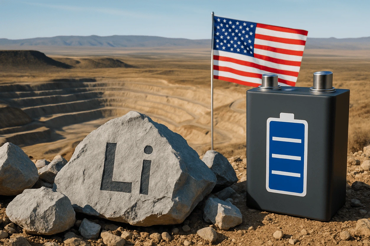 Roca con símbolo de litio, batería y bandera de EE.UU. junto a una mina a cielo abierto en el desierto de Nevada-Oregón