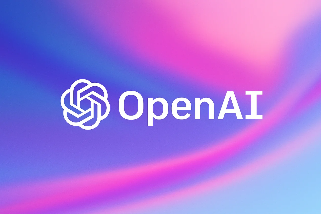 Logo de OpenAI sobre fondo digital con colores violeta, azul y rosa