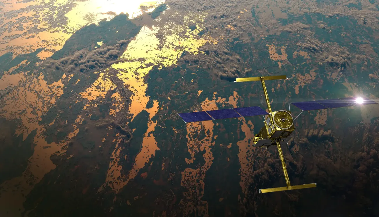Ilustración del satélite SWOT en órbita con antenas extendidas