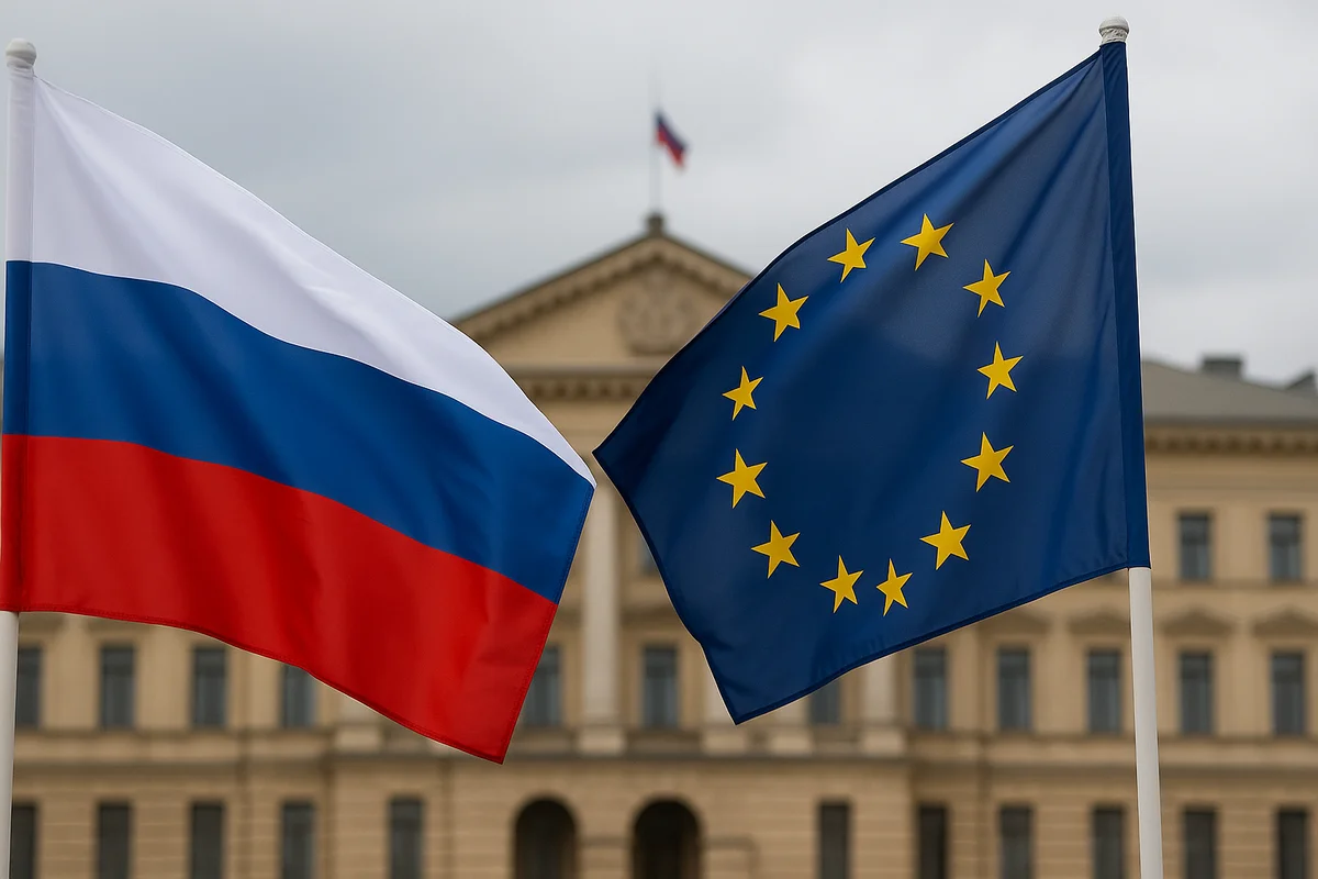 Fotografía de la bandera de Rusia junto a la de la Unión Europea.