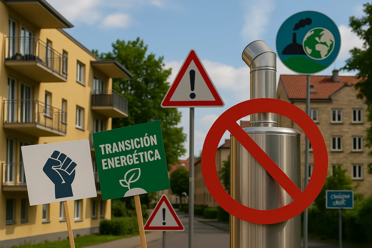 Carteles de transición energética y prohibición de calefacción fósil en contexto urbano europeo.