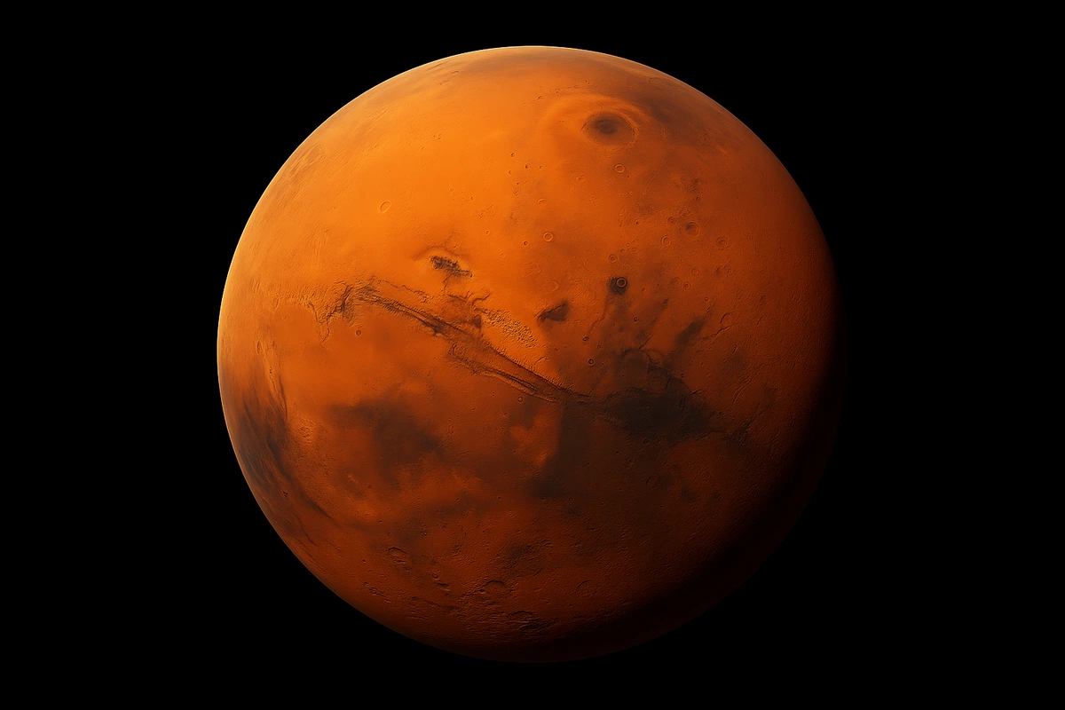 Imagen de de Marte mostrando Valles Marineris y Olympus Mons
