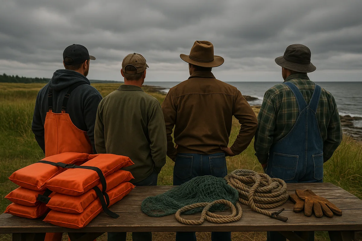 Trabajadores rurales y pescadores de espaldas junto al mar