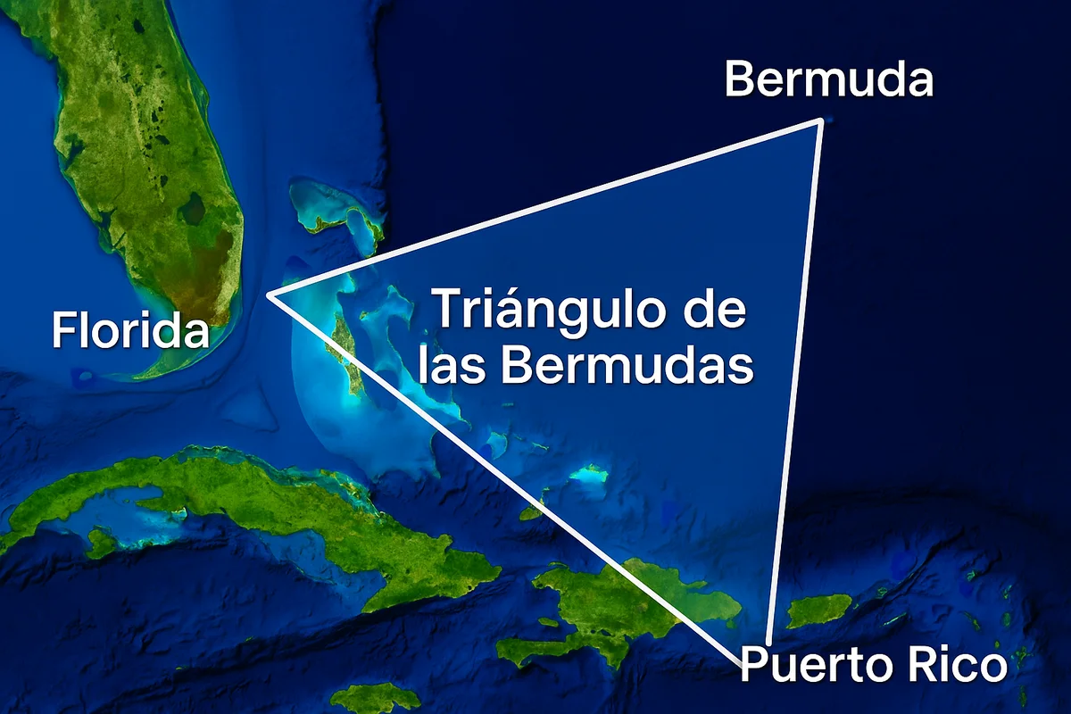 Mapa horizontal del Triángulo de las Bermudas con sus vértices señalados