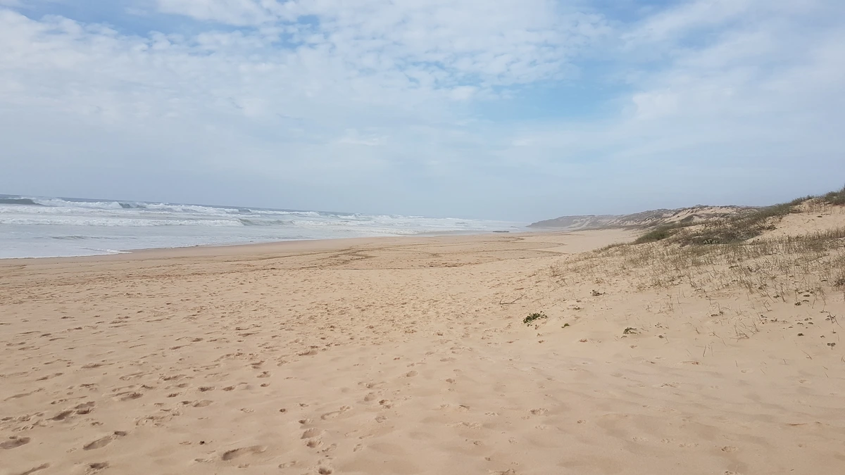 Playa extensa de arena junto al mar y cielo parcialmente nublado