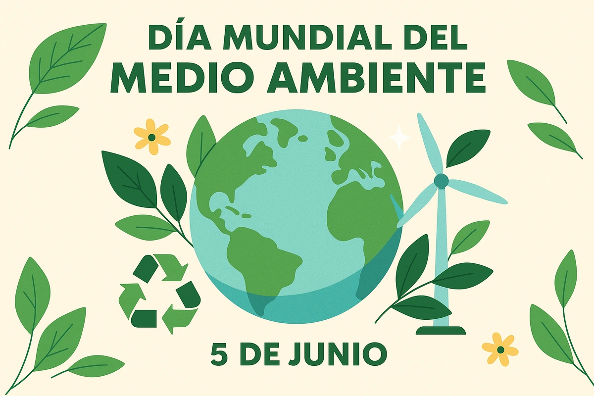Día Mundial del Medio Ambiente ilustrado con Tierra, hojas y símbolos ecológicos