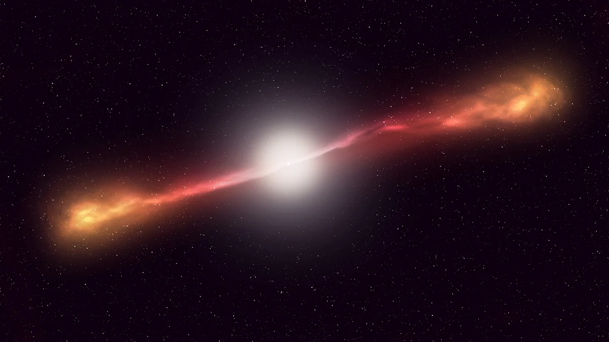 Ilustración artística de un agujero negro supermasivo en rotación lanzando chorros de plasma, ubicado en el centro de una galaxia