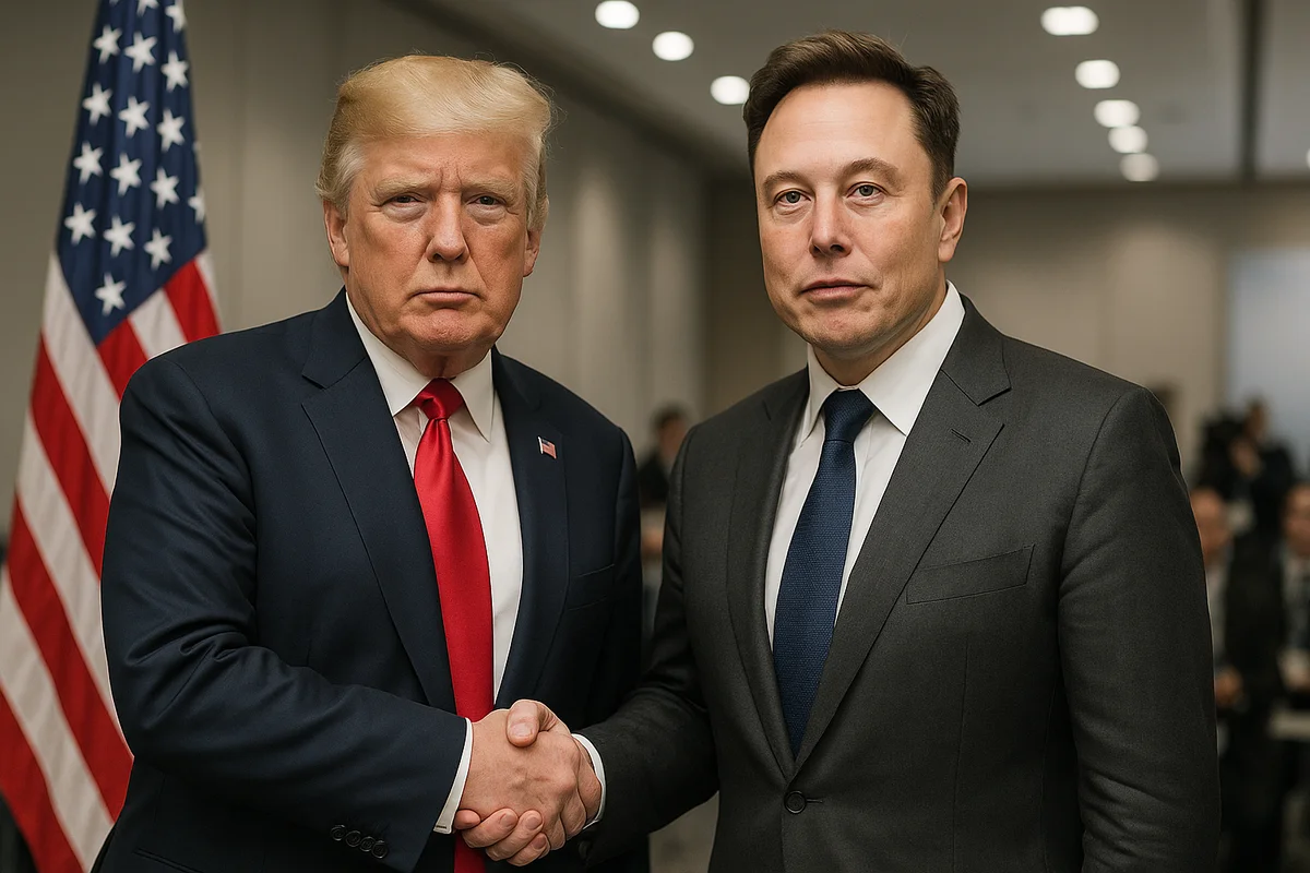 Donald Trump y Elon Musk dándose la mano en una conferencia internacional, con banderas de Estados Unidos de fondo y ambiente de prensa, estilo realista editorial