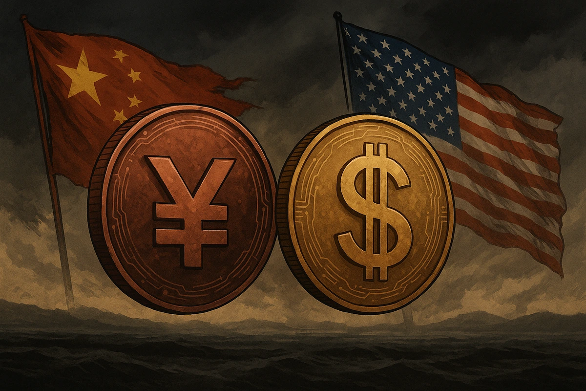 Montaje conceptual de monedas digitales de China y Estados Unidos, reflejando la tensión financiera global.