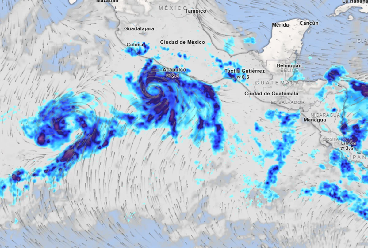 Mapa meteorológico mostrando la formación simultánea de dos ciclones tropicales frente a las costas del Pacífico mexicano