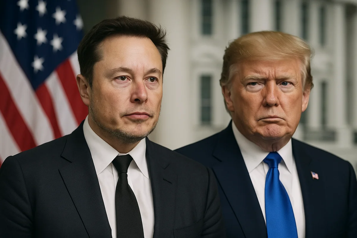 Elon Musk y Donald Trump frente a frente sobre fondo de bandera estadounidense