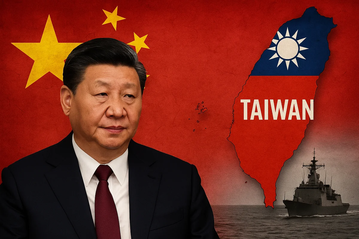 Xi Jinping frente a la bandera de China y la silueta de Taiwán
