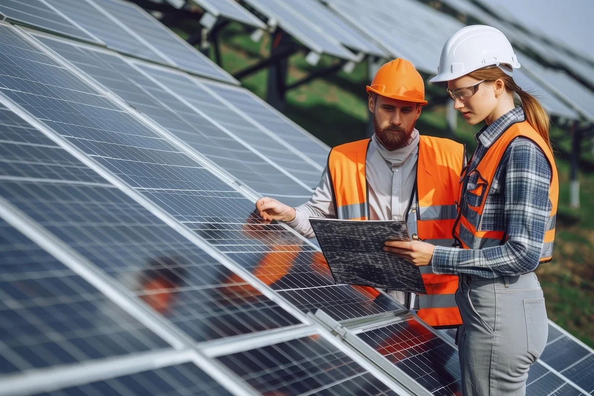 Ingenieros revisan paneles solares