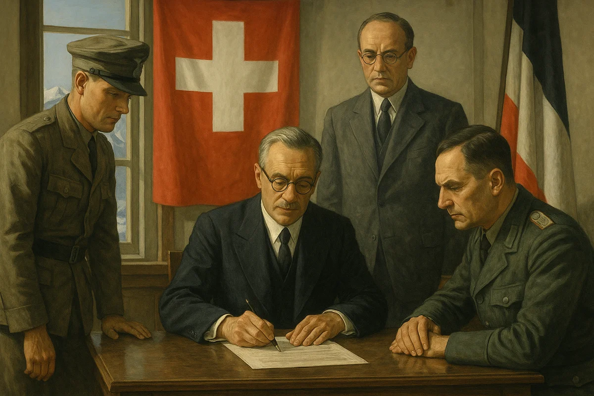 Diplomáticos y oficiales suizos firman un acuerdo de neutralidad con banderas y los Alpes al fondo