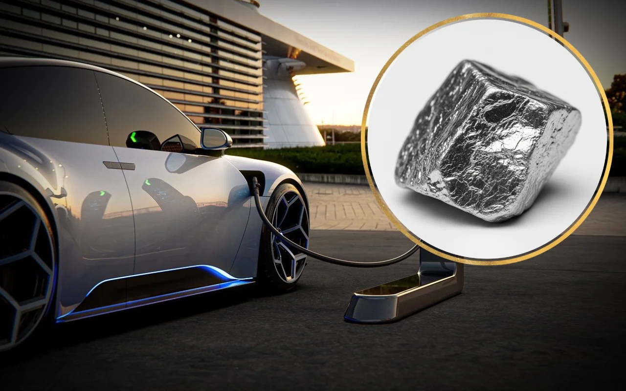 Auto eléctrico moderno cargándose con detalle ampliado de mineral de litio en primer plano