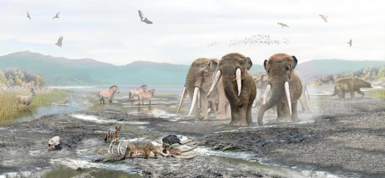 Ilustración de diversidad de mamíferos extintos alrededor del lago Tagua Tagua.