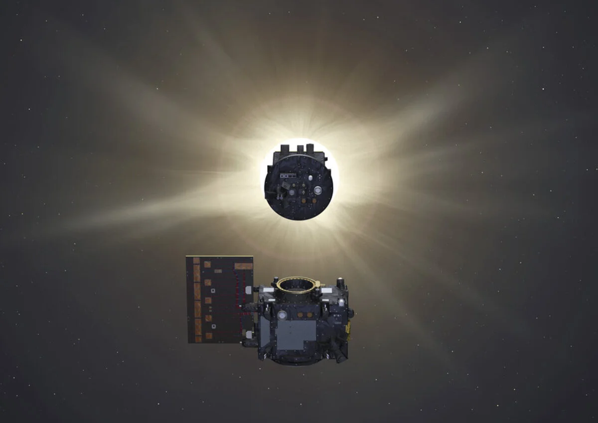 Las dos naves espaciales de Proba-3 se alinean a 150 m una de otra; la frontal eclipsa el Sol mientras la posterior observa la corona