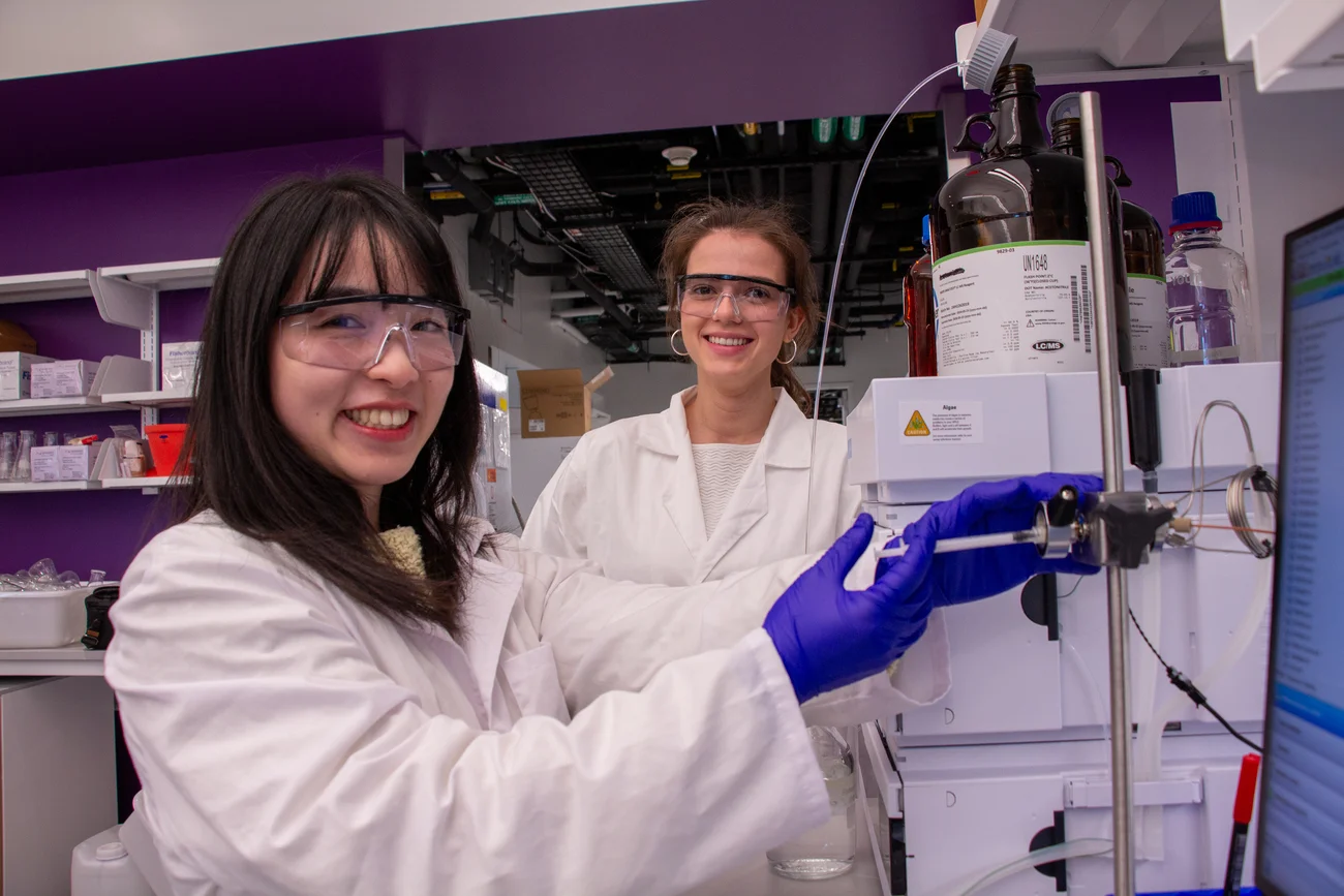 Las investigadoras Qiuyue Nie y Maria Zotova, de izquierda a derecha, purifican muestras de hongo Aspergillus flavus en el laboratorio, usando material científico especializado.