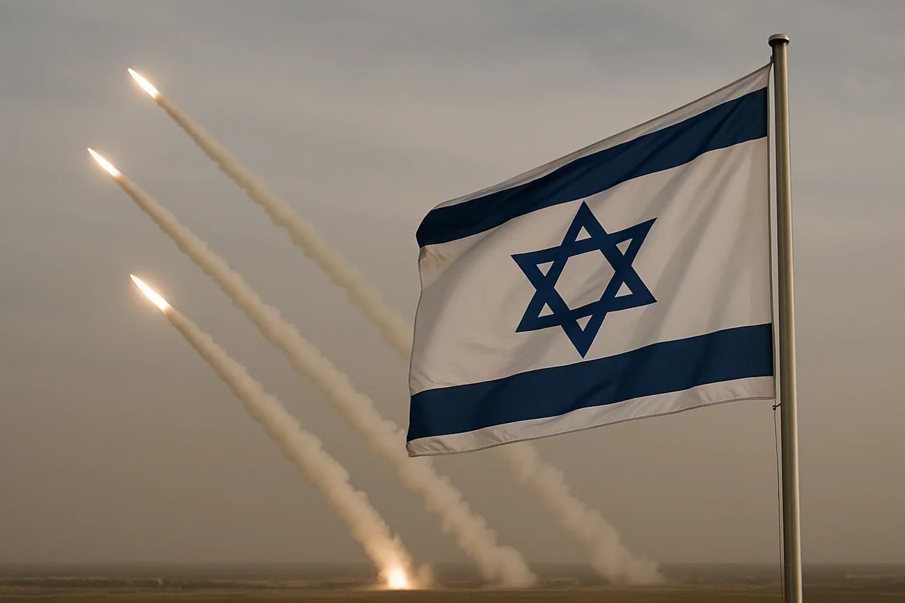 Bandera de Israel ondeando con misiles lanzados en el fondo