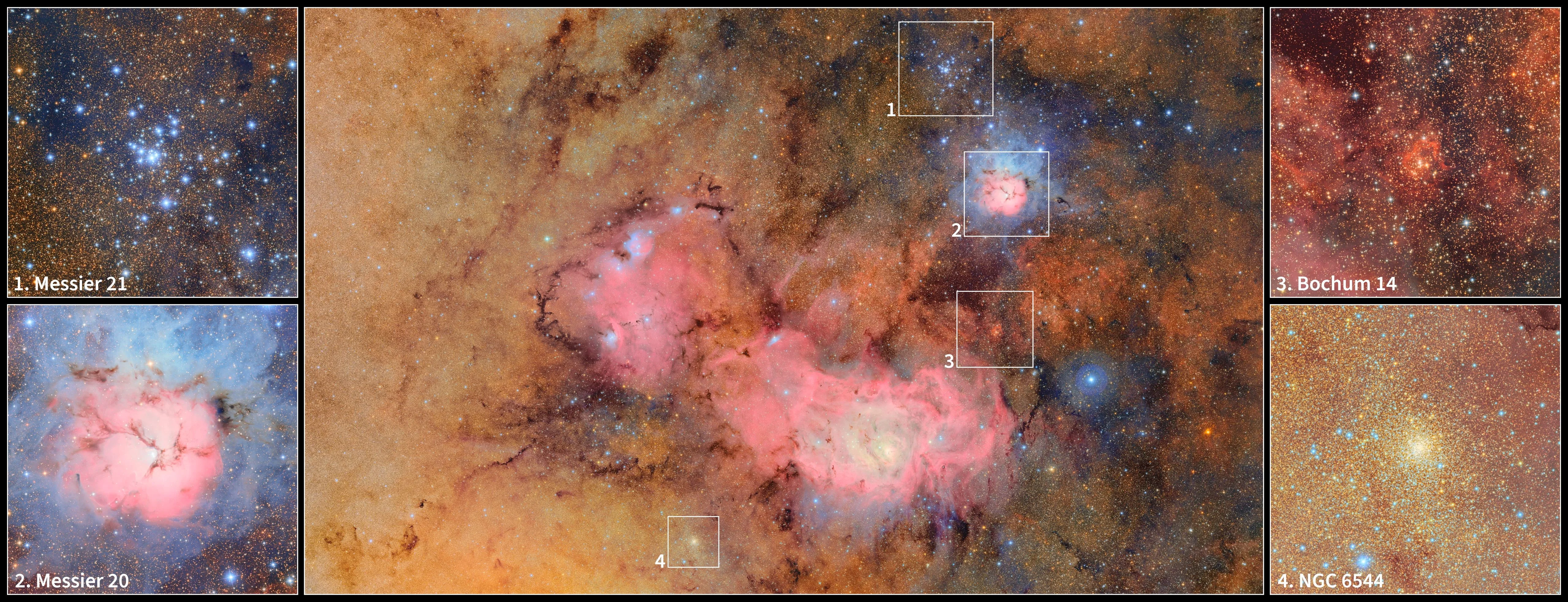 Nebulosas Trífida y Laguna con detalles destacados y estrellas en la Vía Láctea