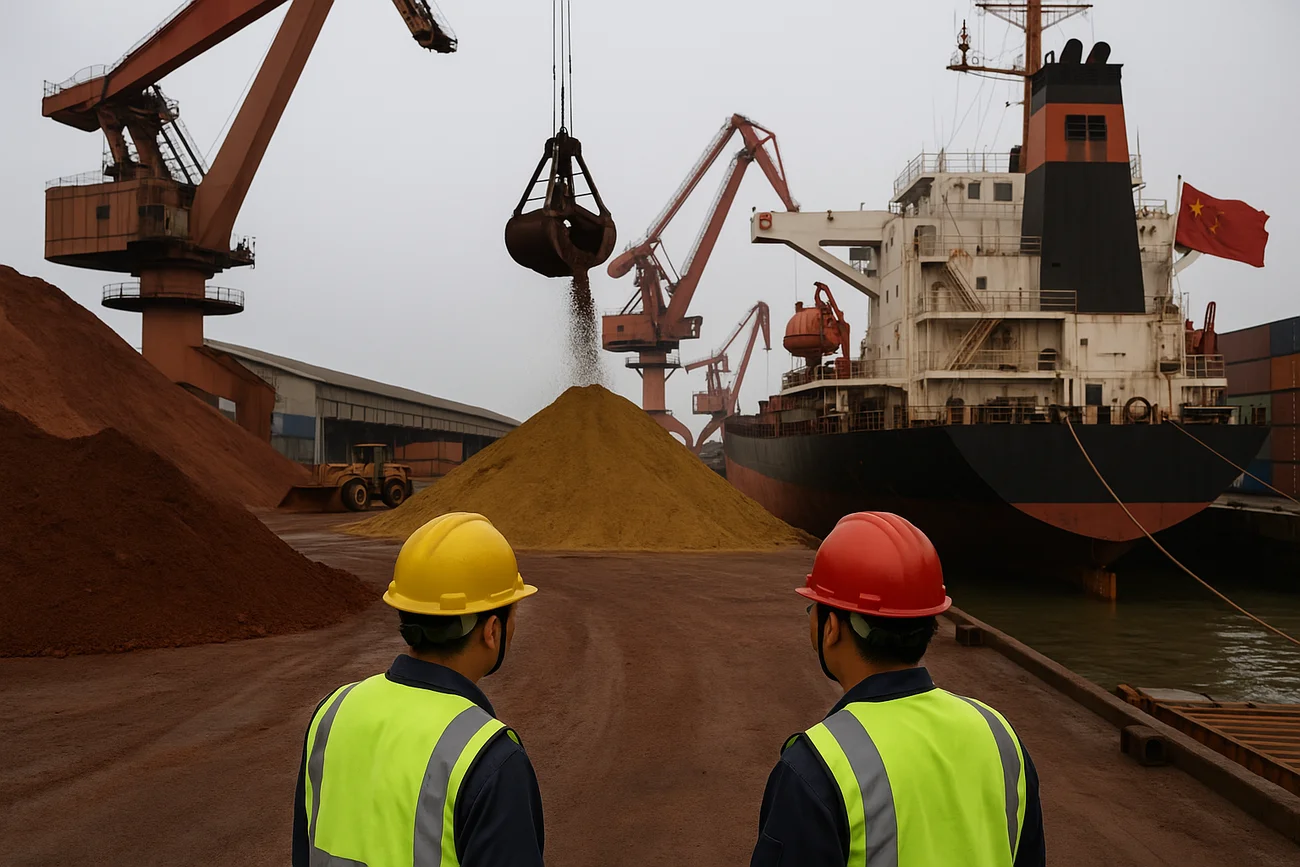 Puerto industrial realista en China con trabajadores y maquinaria cargando tierras raras