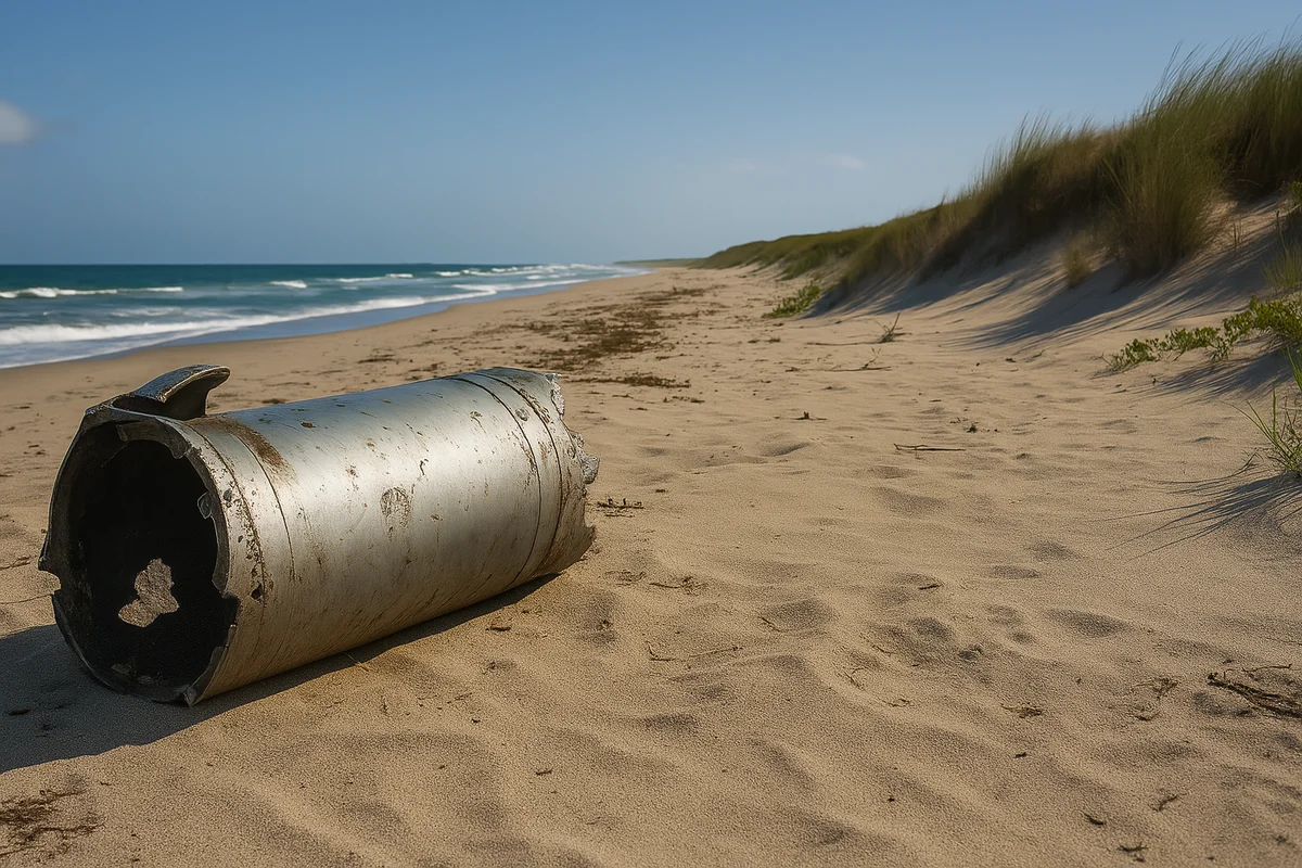 Restos de un cohete caídos sobre la arena de una playa