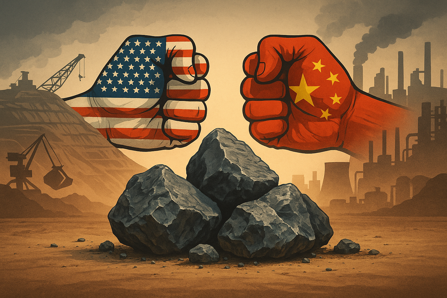 Ilustración digital de la tensión geopolítica por tierras raras entre Estados Unidos y China