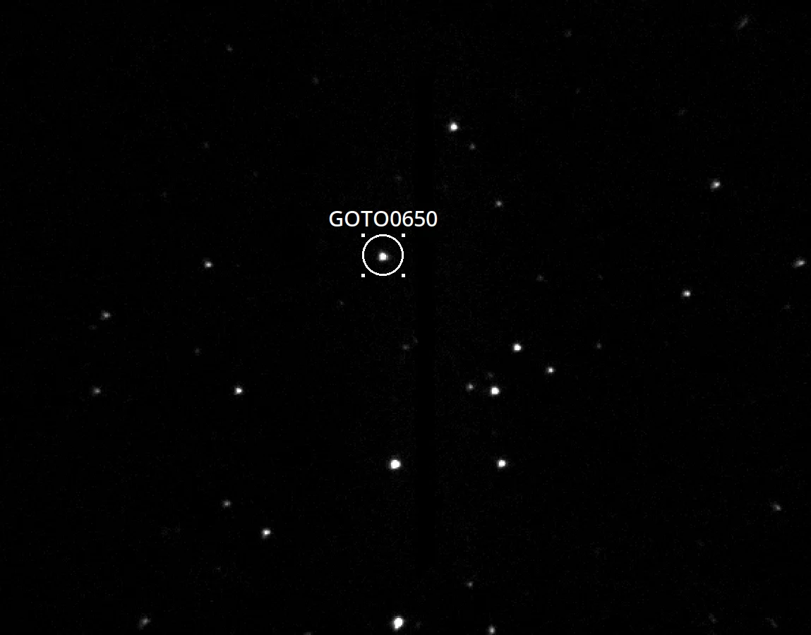 Imagen de campo estelar con la localización del objeto GOTO0650, captada por un astrónomo aficionado.