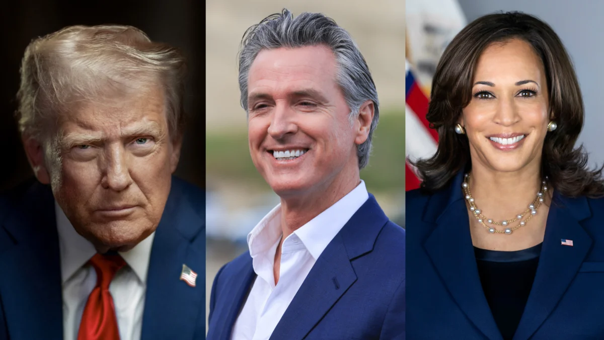 Donald Trump, Gavin Newsom y Kamala Harris