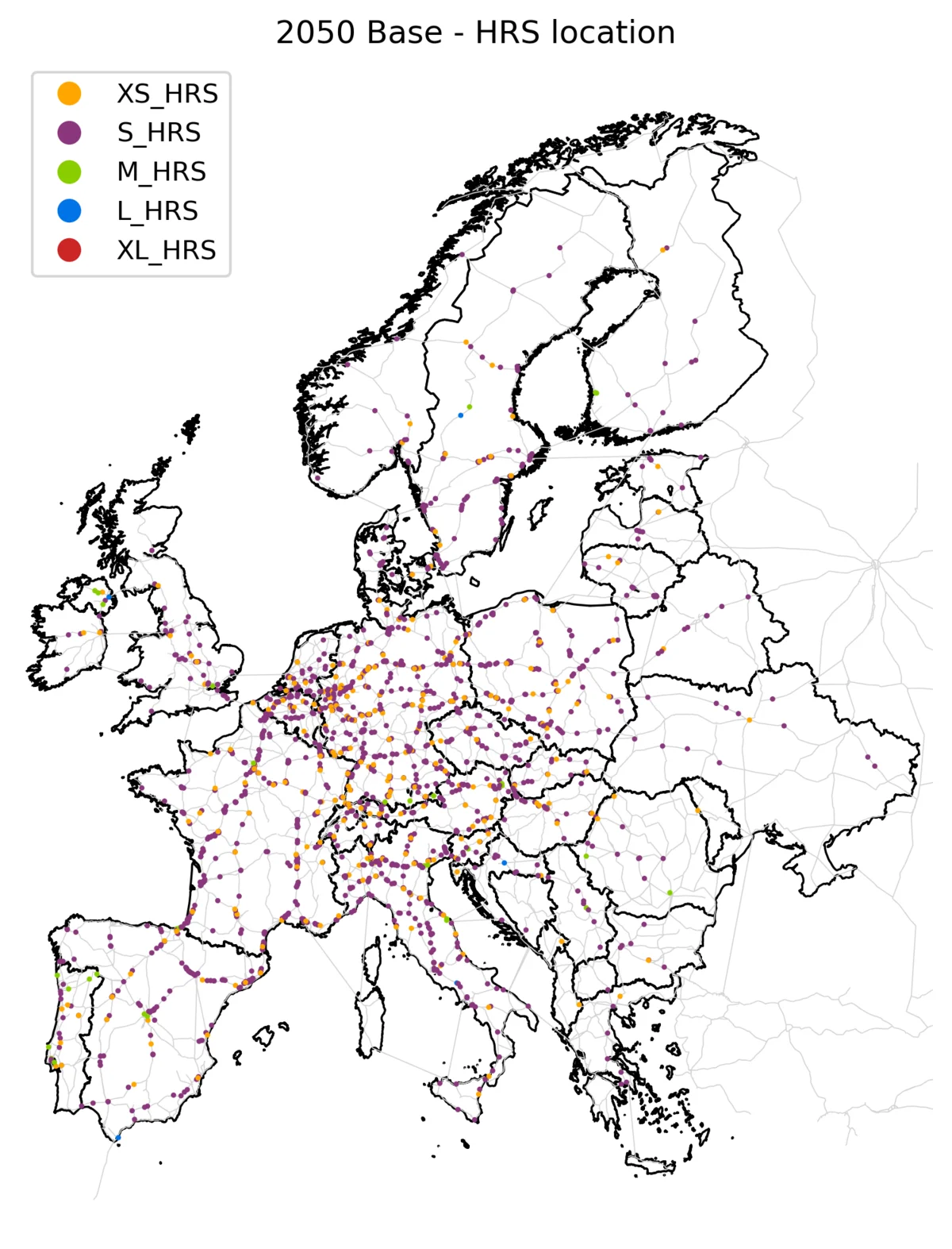 Mapa de Europa con ubicaciones de estaciones de hidrógeno en 2050 según su tamaño y color