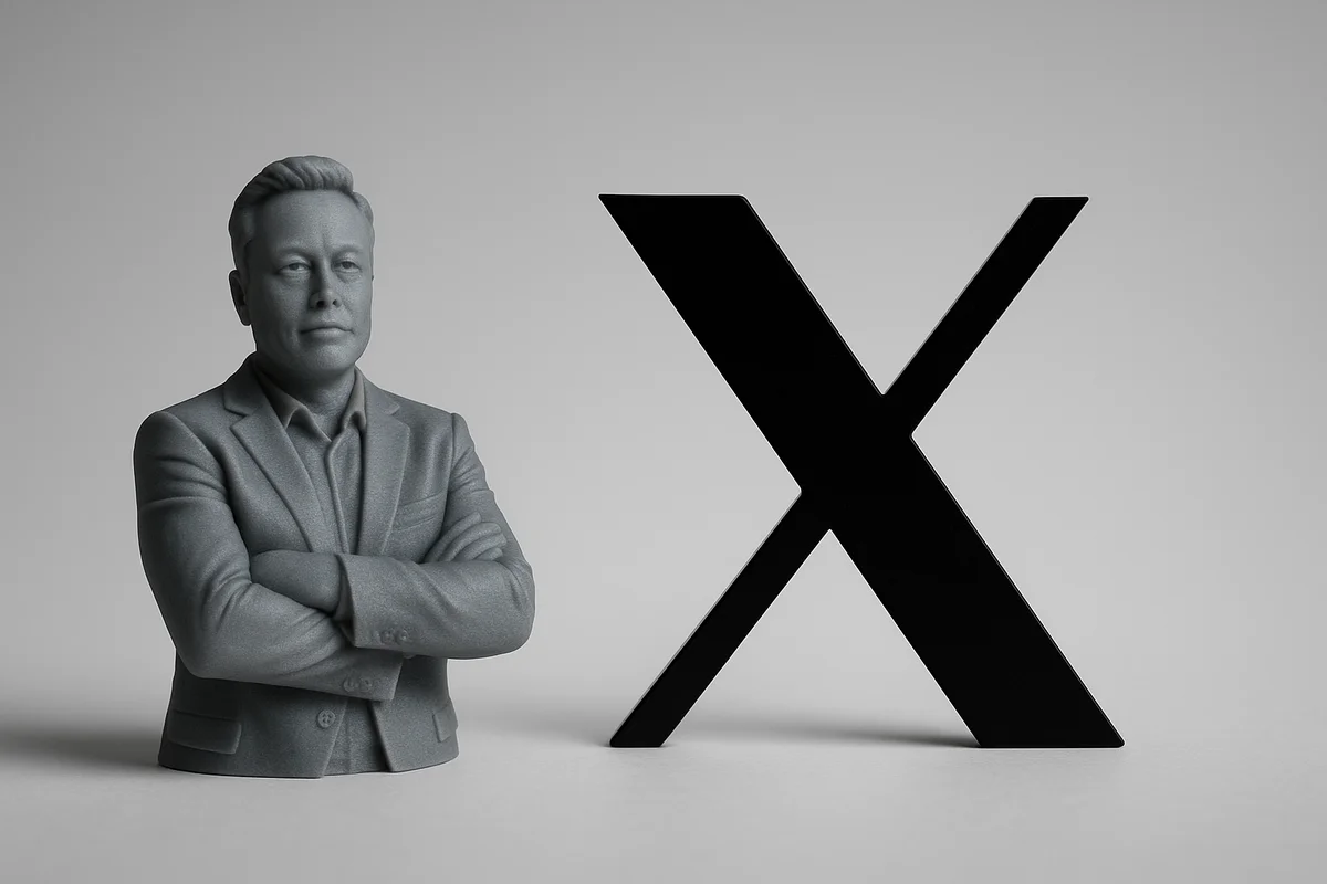 Figura 3D de Elon Musk junto a un gran logotipo de X