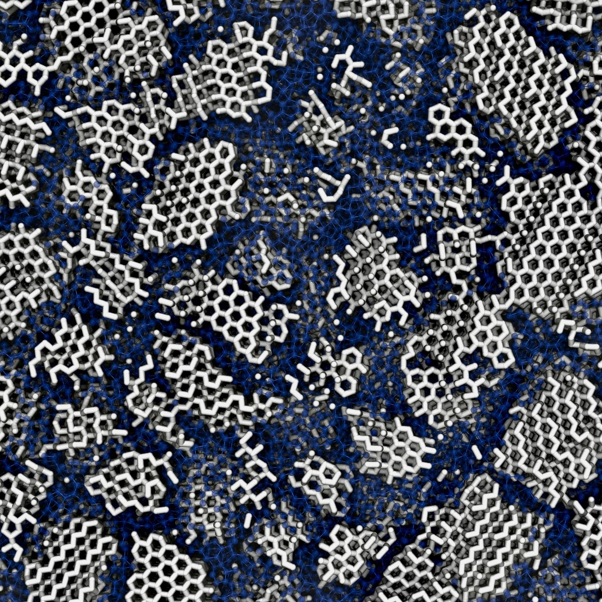 Visualización de la estructura del hielo amorfo de baja densidad, donde cristalitos diminutos aparecen en un entorno azul amorfo.
