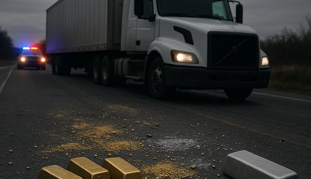 Lingotes de oro y plata esparcidos en una carretera frente a un camión de carga