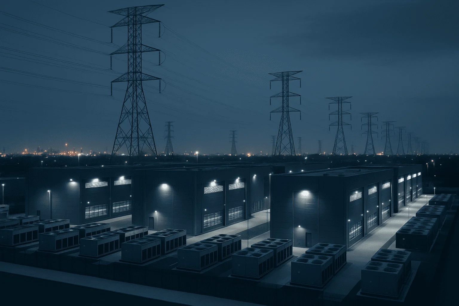 Vista realista y nocturna de centros de datos modernos con torres eléctricas y ciudad al fondo
