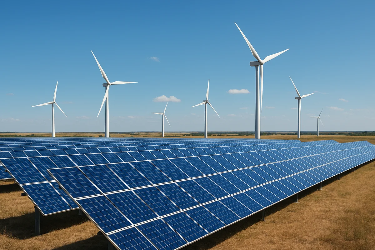 Paneles solares en primer plano y turbinas eólicas al fondo