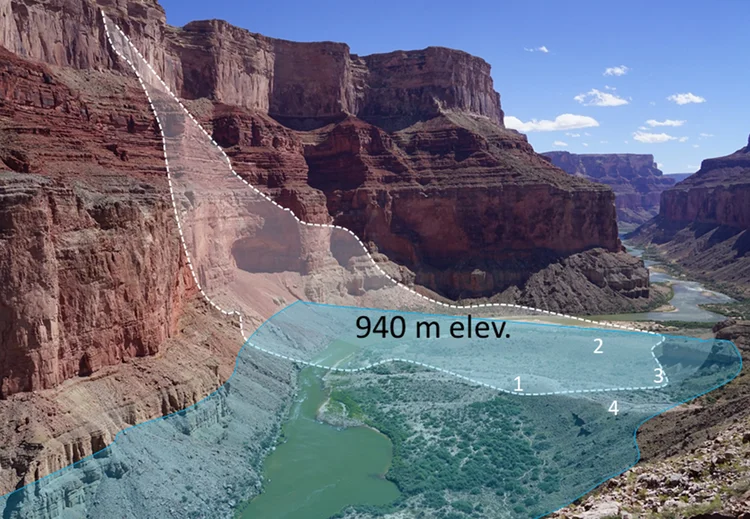 Concepto del deslizamiento de tierra en Nankoweap y el paleolago creado en el Gran Cañón