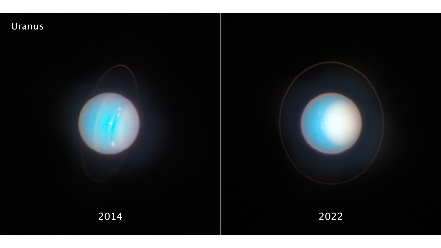 Comparativa de dos imágenes de Urano tomadas por el Hubble con ocho años de diferencia, mostrando variaciones en la reflectividad y un casquete polar norte brillante.