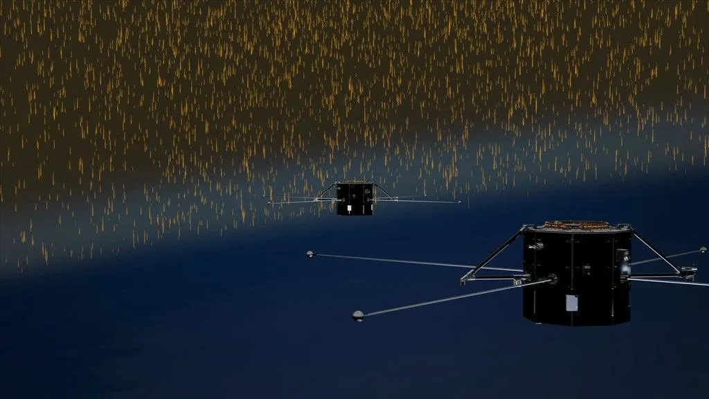 Ilustración de los satélites gemelos TRACERS de la NASA en órbita, observando la interacción entre el viento solar y la magnetosfera de la Tierra.
